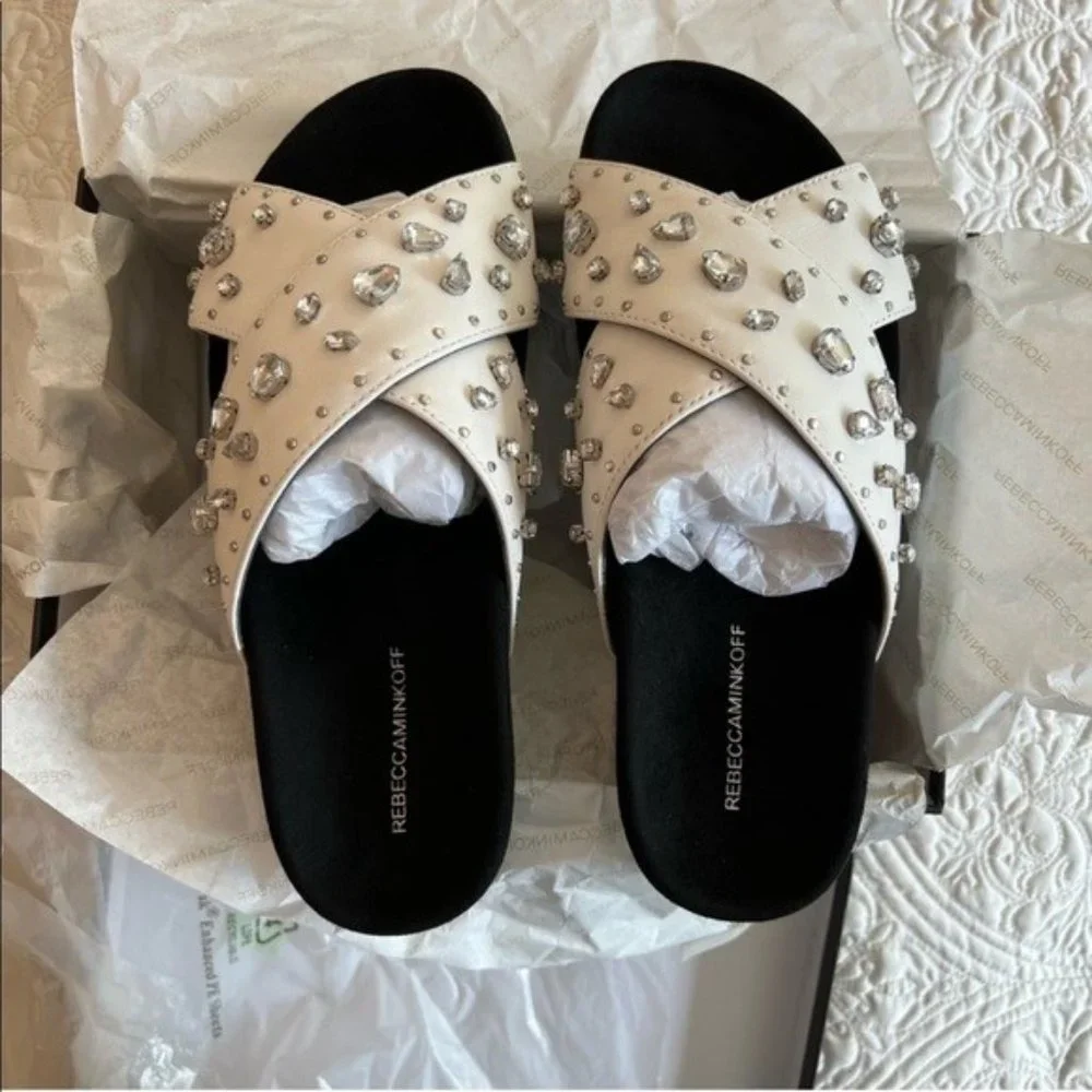 Rebecca Minkoff White Theo Jeweled Leather Slide Sandals - Picture 3 of 6